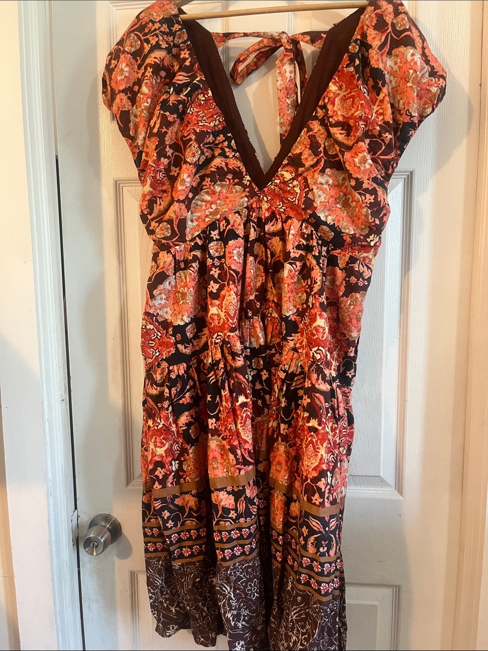 Anthropologie Floral Brown and Orange V-Neck Dress